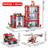 City Fire Station Ladder Truck Helicopter Car Rescue Boat Firefighter Figure Aircraft Model Moc Building Blocks Toy for Boy Gift