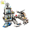 HUIQIBAO City Police Station Building Blocks Prison Truck Helicopter Boat with Policemen Construction Bricks Toys for Children